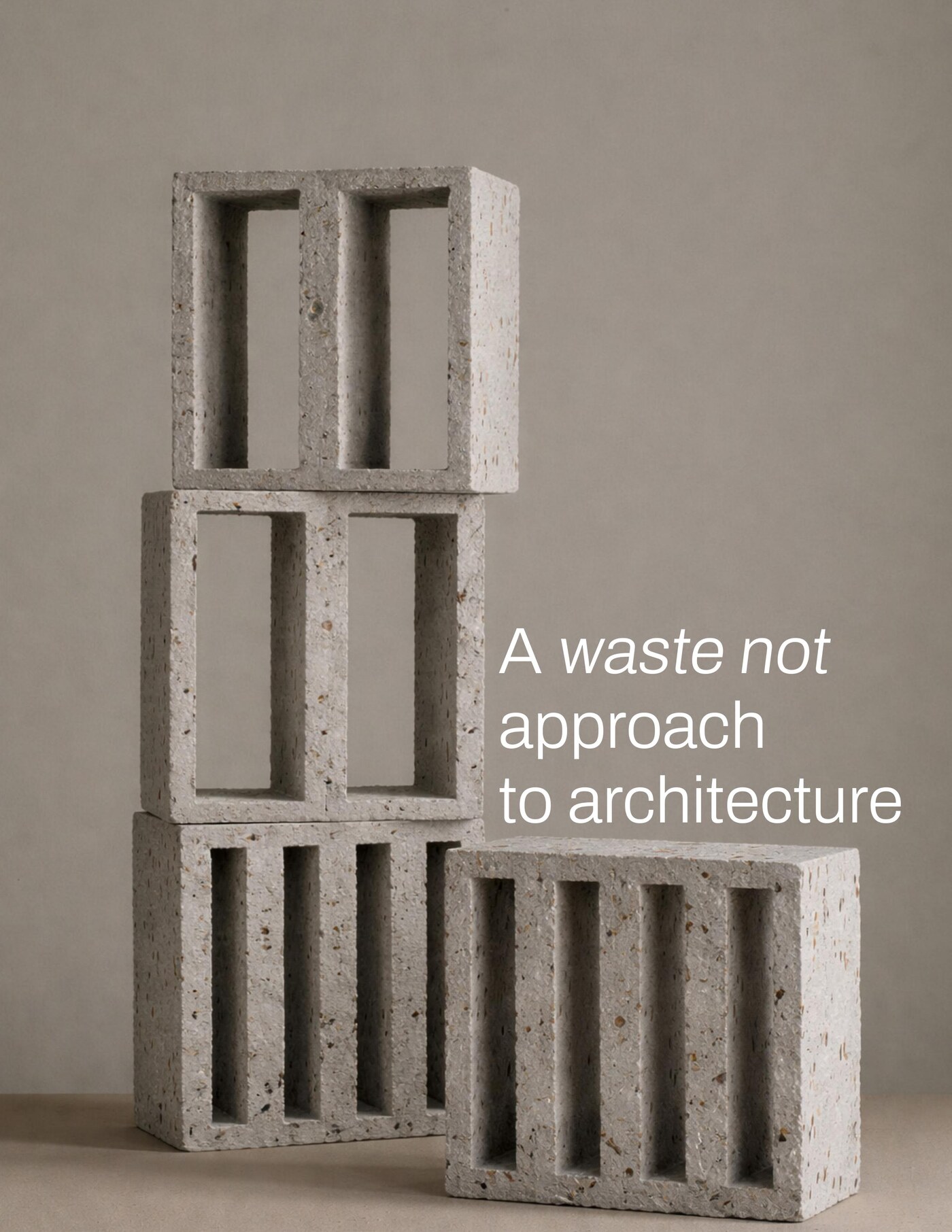 A range of SargoX hollow concrete block profiles stacked together, with the text A waste not approach to architecture